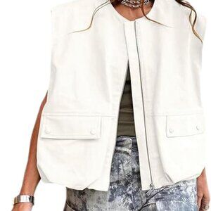 Womens Casual Zip Up Cargo Vest Top Oversized Lightweight Ruched Hem Sleeveless